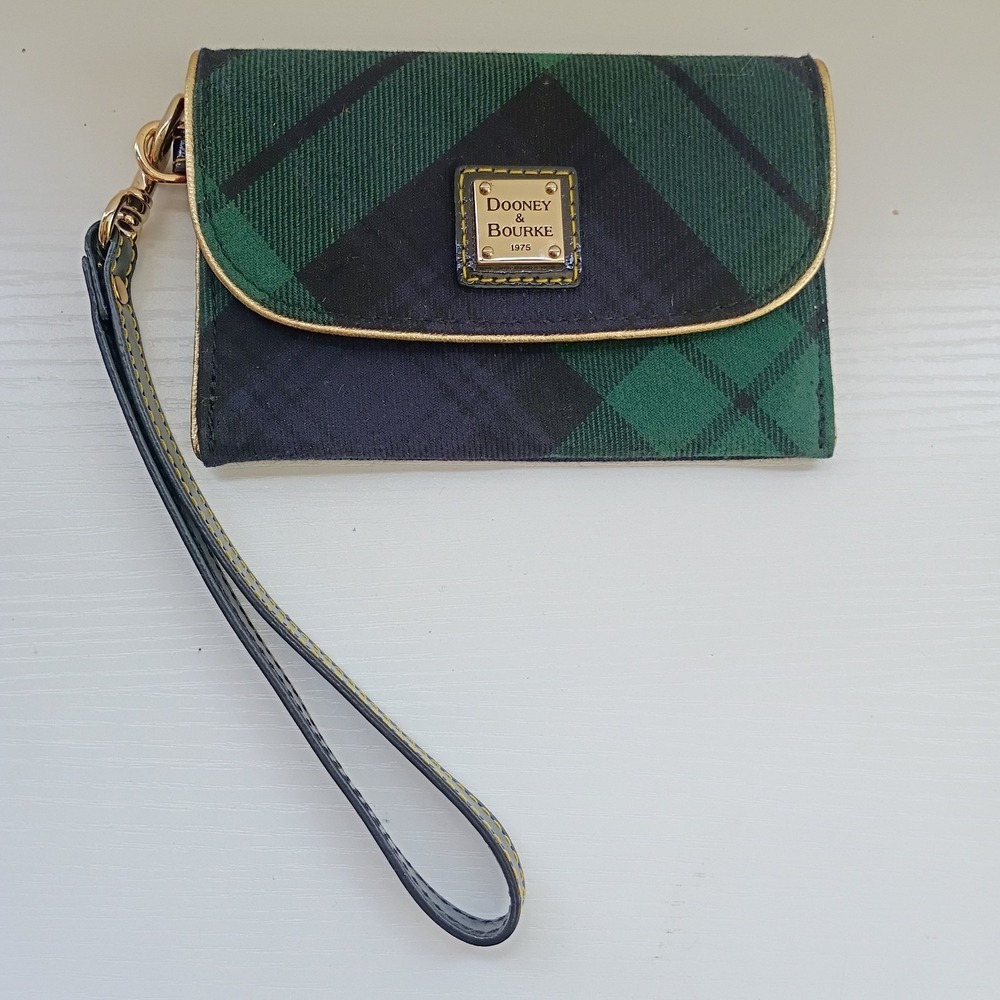 Dooney & Bourke Tartan Continental Blue Green Plaid Clutch Wallet With Strap